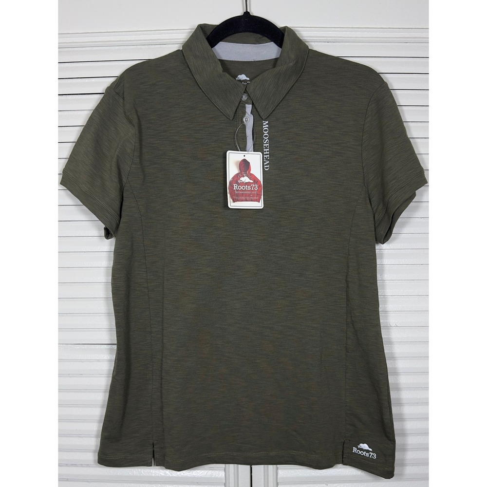 Roots 73‎ Stillwater Moosehead Lager Heather Olive Green Polo Size L *FLAW*